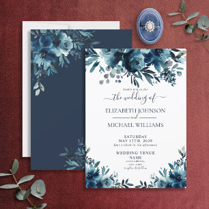 Rustic Navy Blue Floral Script Wedding Kaart