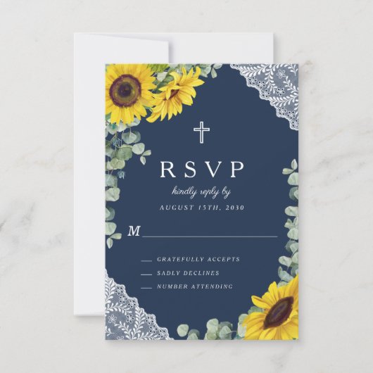 Rustic Navy Blue Floral Sunflower Wedding RSVP Kaartje (Voorkant)
