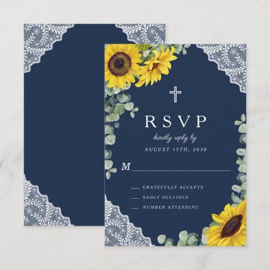 Rustic Navy Blue Floral Sunflower Wedding RSVP Kaartje (Voorkant / Achterkant)