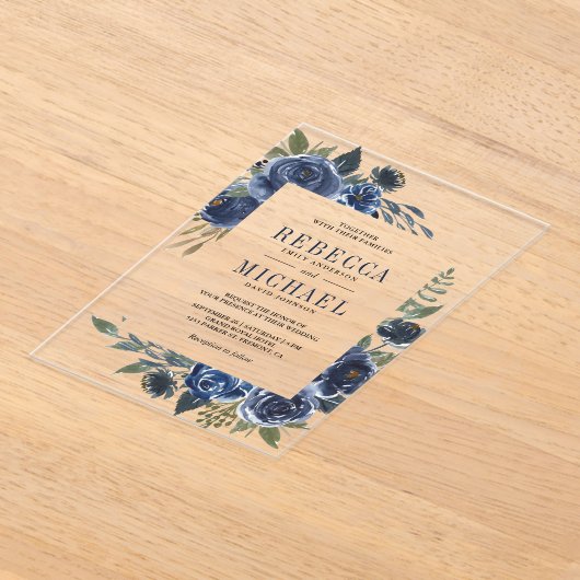 Rustic Navy Blue Floral Wedding Acryl Uitnodigingen (Laagn)