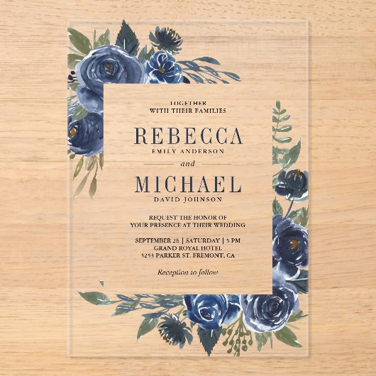 Rustic Navy Blue Floral Wedding Acryl Uitnodigingen (Voorkant)