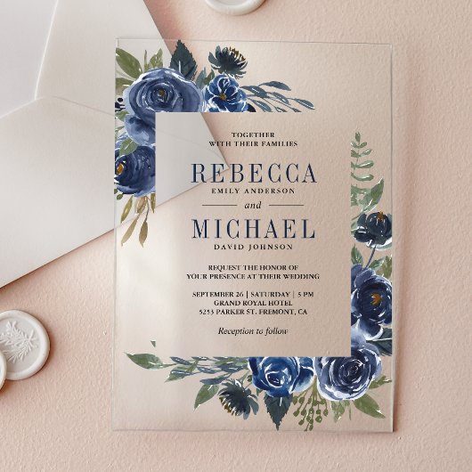 Rustic Navy Blue Floral Wedding Acryl Uitnodigingen