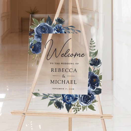 Rustic Navy Blue Floral Wedding Welcome Acryl Bord