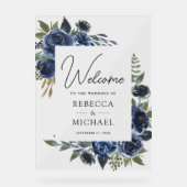 Rustic Navy Blue Floral Wedding Welcome Acryl Bord (Voorkant)