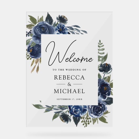 Rustic Navy Blue Floral Wedding Welcome Acryl Bord (Voorkant)
