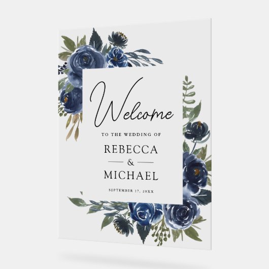 Rustic Navy Blue Floral Wedding Welcome Acryl Bord (Hoek)