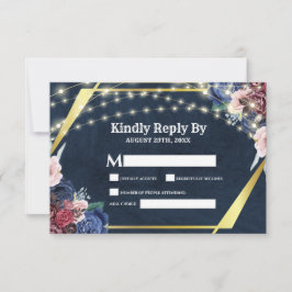 Rustic Navy Blue Gold String Lights Wedding RSVP Kaartje