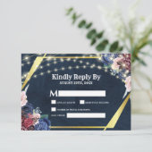 Rustic Navy Blue Gold String Lights Wedding RSVP Kaartje (Staand voorkant)