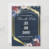 Rustic Navy Blue Gold String Lights Wedding Save The Date (Voorkant)
