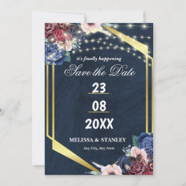 Rustic Navy Blue Gold String Lights Wedding Save The Date