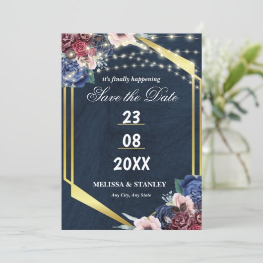Rustic Navy Blue Gold String Lights Wedding Save The Date (Staand voorkant)
