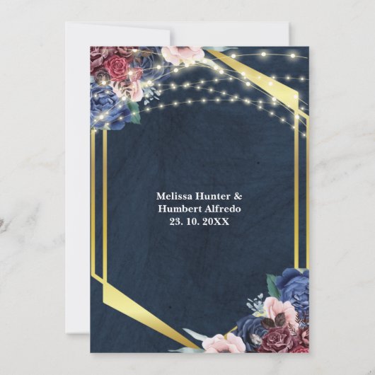 Rustic Navy Blue Gold String Lights Wedding Save The Date (Achterkant)