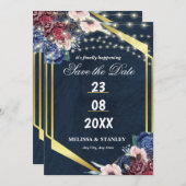 Rustic Navy Blue Gold String Lights Wedding Save The Date (Voorkant / Achterkant)