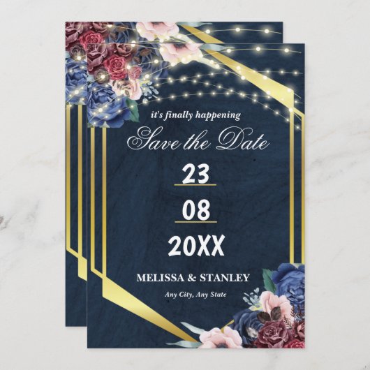 Rustic Navy Blue Gold String Lights Wedding Save The Date (Voorkant / Achterkant)