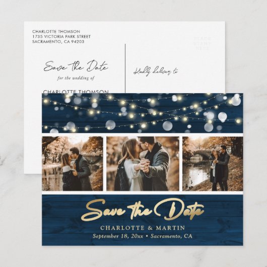 Rustic Navy Blue Gold Wedding Photo Save the Date Aankondigingskaart (Voorkant / Achterkant)