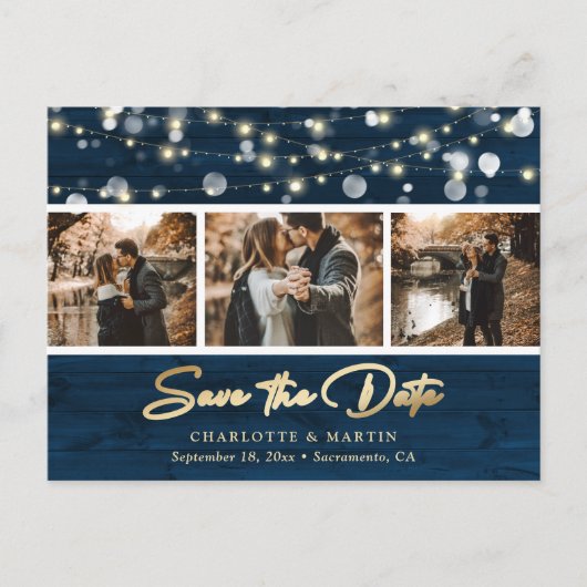 Rustic Navy Blue Gold Wedding Photo Save the Date Aankondigingskaart (Voorkant)