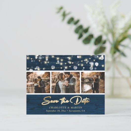 Rustic Navy Blue Gold Wedding Photo Save the Date Aankondigingskaart (Staand voorkant)