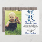 Rustic Navy Blue Greenery Cross Boy Baptism Foto Bedankkaart (Voorkant / Achterkant)