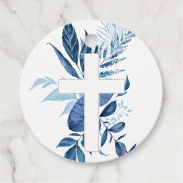 Rustic Navy Blue Greenery Cross Boy Baptisme Bedankjes Labels