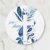Rustic Navy Blue Greenery Cross Boy Baptisme Bedankjes Labels (Voorkant)