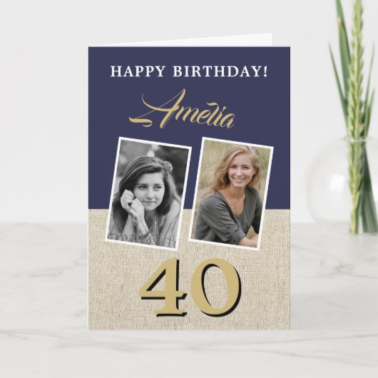 Rustic Navy Blue Happy 40th Birthday 2 Foto's Kaart (Voorkant)