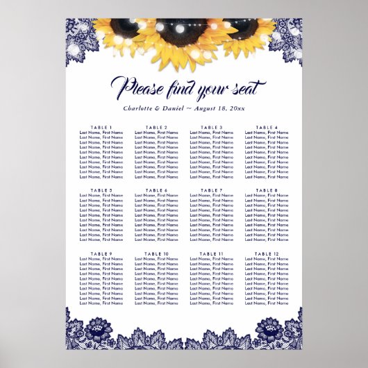 Rustic Navy Blue Lace Sunflower Seating Chart 12 Poster (Voorkant)