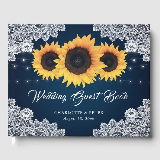 Rustic Navy Blue Lace Sunflower Wedding Gastenboek (Voorkant)