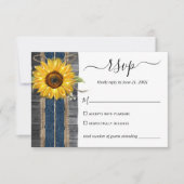 Rustic Navy Blue Lace Waterverf Sunflower Wedding RSVP Kaartje (Voorkant)