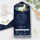 Rustic Navy Blue Lace White Pumpkins Fall Wedding All In One Uitnodiging