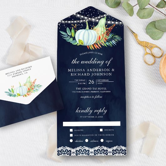 Rustic Navy Blue Lace White Pumpkins Fall Wedding All In One Uitnodiging