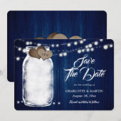 Rustic Navy Blue Mason Jar String Lights Wedding Save The Date (Voorkant / Achterkant)