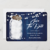 Rustic Navy Blue Mason Jar String Lights Wedding Save The Date (Voorkant)