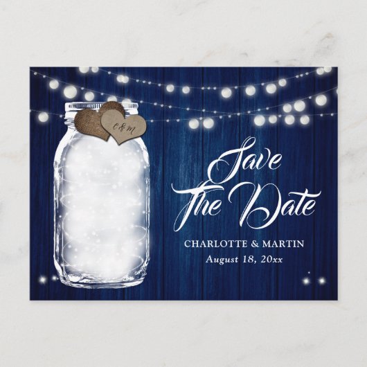 Rustic Navy Blue Mason Jar Wedding Save the Date Aankondigingskaart (Voorkant)