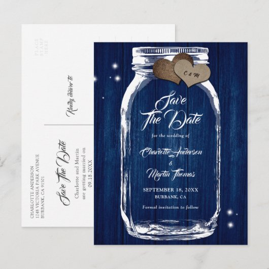 Rustic Navy Blue Mason Jar Wedding Save the Date Aankondigingskaart (Voorkant / Achterkant)