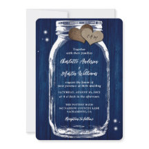 Rustic Navy Blue Mason Jar Wood Huwelijksuitnodigi