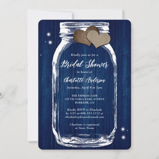 Rustic Navy Blue Mason Jar Wood Vrijgezellenfeest Kaart (Voorkant)