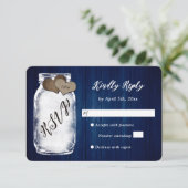 Rustic Navy Blue Mason Jar Wood Wedding RSVP Kaart (Staand voorkant)