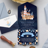 Rustic Navy Blue Nautical Lighthouse Baby shower All In One Uitnodiging