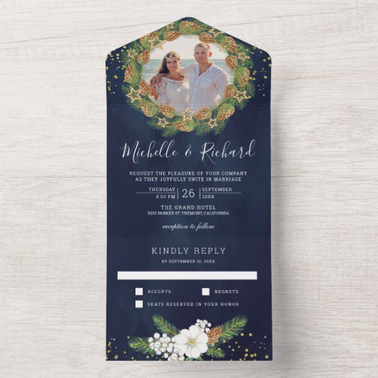 Rustic Navy Blue Pine Cone All In One Uitnodiging (Binnen)