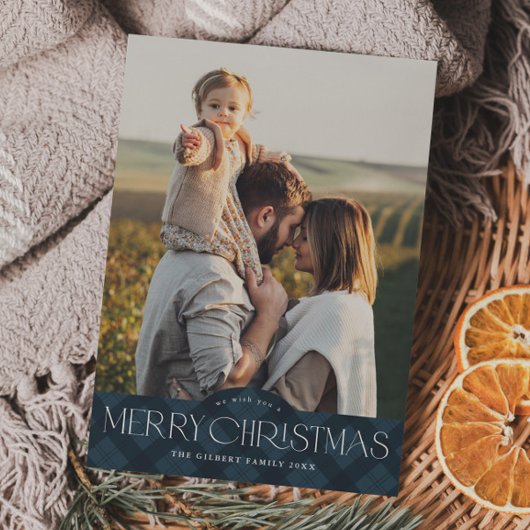 Rustic Navy Blue Plaid 2 Foto Vrolijk Kerstfeest Feestdagenkaart