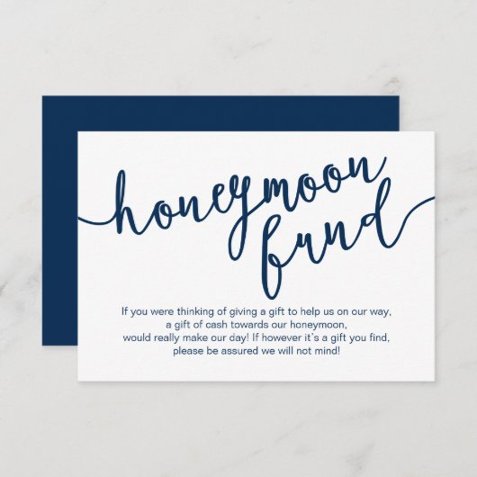 Rustic Navy Blue Script, Wedding Honeymoon Fund Informatiekaartje (Voorkant / Achterkant)