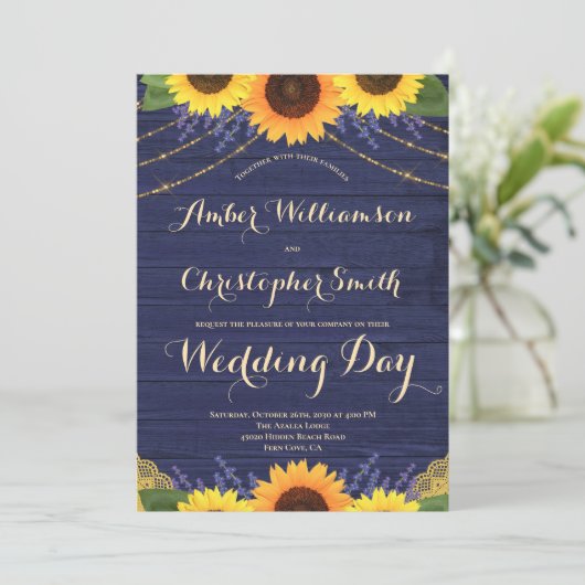 Rustic Navy Blue String Lights Sunflower Wedding Kaart (Staand voorkant)