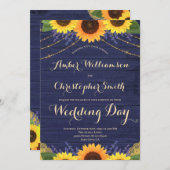 Rustic Navy Blue String Lights Sunflower Wedding Kaart (Voorkant / Achterkant)