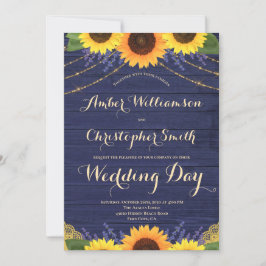 Rustic Navy Blue String Lights Sunflower Wedding Kaart