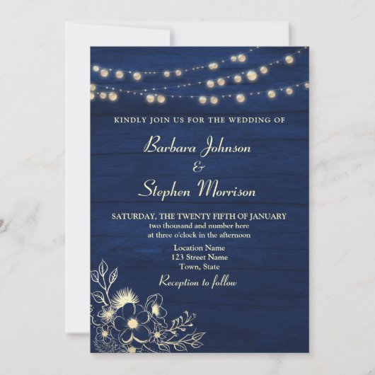 Rustic Navy Blue String Lights Wedding Uitnodiging (Voorkant)