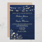 Rustic Navy Blue String Lights Wedding Uitnodiging (Voorkant / Achterkant)