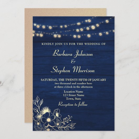 Rustic Navy Blue String Lights Wedding Uitnodiging (Voorkant / Achterkant)