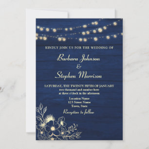 Rustic Navy Blue String Lights Wedding Uitnodiging