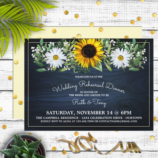 Rustic Navy Blue Sunflower|Daisy Rehearsal Dinner Kaart