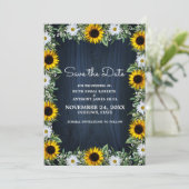 Rustic Navy Blue Sunflower|Daisy Save the Date Kaart (Staand voorkant)
